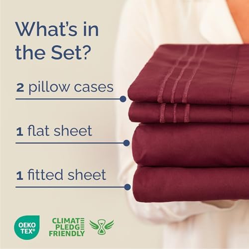 Cal King Size 4 Piece Sheet Set - Breathable & Cooling Sheets - Burgundy - Image 2