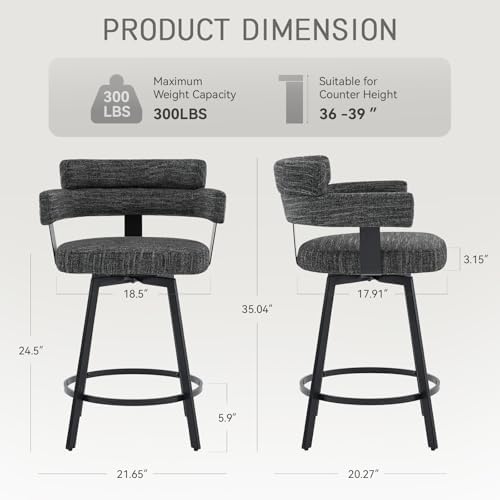 Counter Height Bar Stools with Full Back – Swivel Counter Stools Set of 2 with Linen Padded Back, Metal Footrest, Modern Barstools for Kitchen Counter, Island, Dining Room, Black 24 inch - Image 2