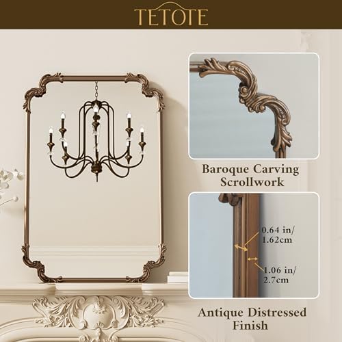 TETOTE Baroque Gold Antique Brass Scroll Wall Mirror 40 x 30 Vintage Rectangle Framed Baroque French Rectangular Mirror for Mantle Fireplace Bathroom Living Room, Horizontal/Vertical - Image 3