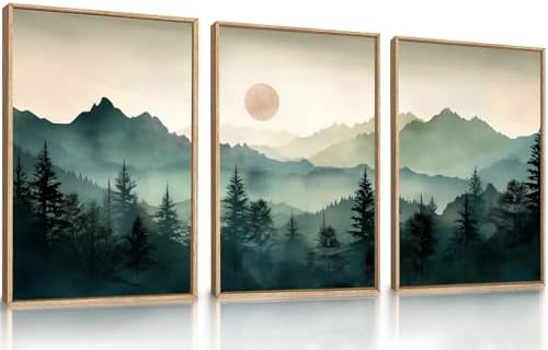 LHIUEM Large Boho Mountain Framed Wall Art Set,Green Foggy Forest Wall Painting,Abstract Nature Sunrise Artwork,Watercolor Pine Tree Wall Decor for Living Room,Bedroom,Office-16''x24''x3 by LHIUEM
