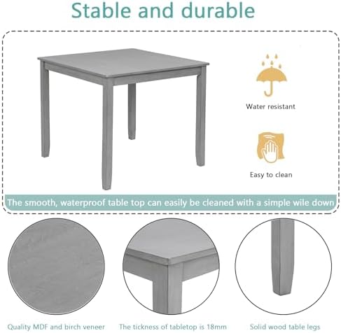 Harper & Bright Designs Modern 5-Piece Wooden Dining Table Set for 4, Grey Square Kitchen Table & 4 Upholstered Seating Chairs, Acacia/Birch Veneer, Space-Saving Design for Dining Room & Small Spaces - Image 4