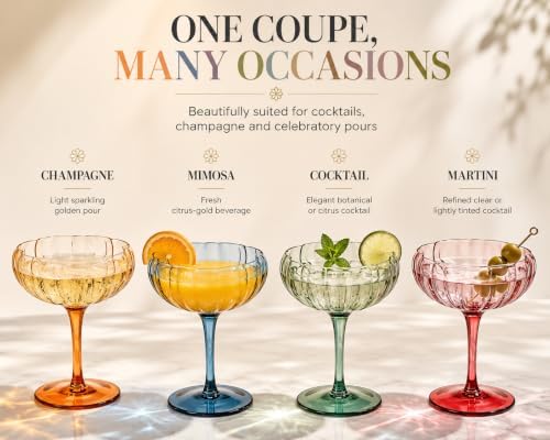 Khen Flower Modern Wavy Glass Coupes Martini, Champagne & Cocktail Coupes - Set of 4-7.7 oz Colorful Cocktail Glasses for Champagne, Prosecco, Mimosa - Copyright Design - Muted Pastel Colors - Image 2