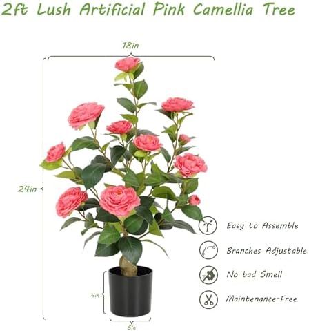 Nafresh 2FT Lush Artificial Pink Camellia Tree Outdoor 2 Pack, 24inch Faux Camellia Plant, Fake Camellia Flowers Tree for Indoor Outdoor Living Room Home Patio Front Door Garden Decor - Image 5