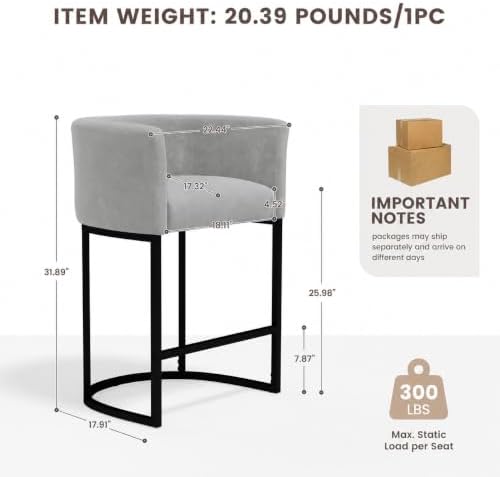 GRUSIGN Chenille Counter Height Bar Stools Set of 4, 26" Kitchen Island Stools, Upholstered Barrel Back Bar Chairs for Kitchen， Dining Room, Bar & Lounge Area, Grey - Image 2