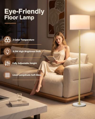 Ambimall Height Adjustable Modern Gold Floor Lamp, Gold & White - Image 7