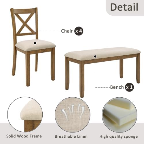 Harper & Bright Designs Complete 6-Piece Oak Dining Set –58.5" Rectangular Table + 4 X-Back Chairs + Upholstered Bench,Solid Rubberwood Frame,Farmhouse Style,Seats 6 - Image 6