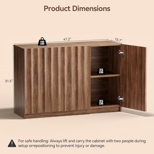 Modern Buffet Cabinet with Storage, 47.2" Tall Fluted Arched Sideboard Cabinet w/Adjustable Shelves, Wooden Modular Coffee Bar for Dining Room, Kitchen, Living Room, Entryway, Brown - Image 2