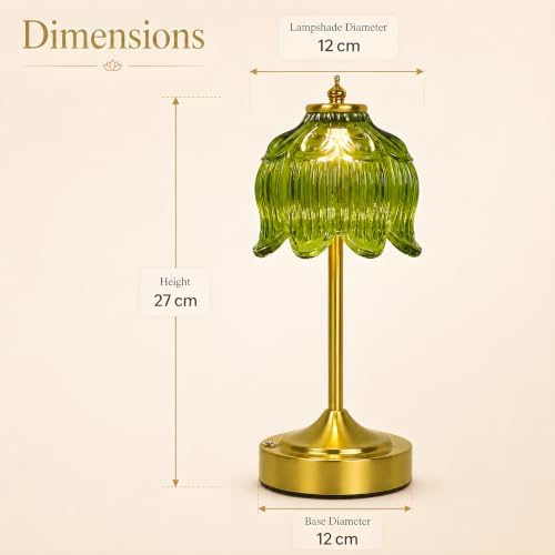 Lotus Flower Table Lamp, Cordless Rechargeable Amber Glass Bedside Lamp | 3600mAh Battery, Touch Control, 3 Color Modes & Stepless Dimming for Bedroom, Nightstand Beryl Green 2PC - Image 4