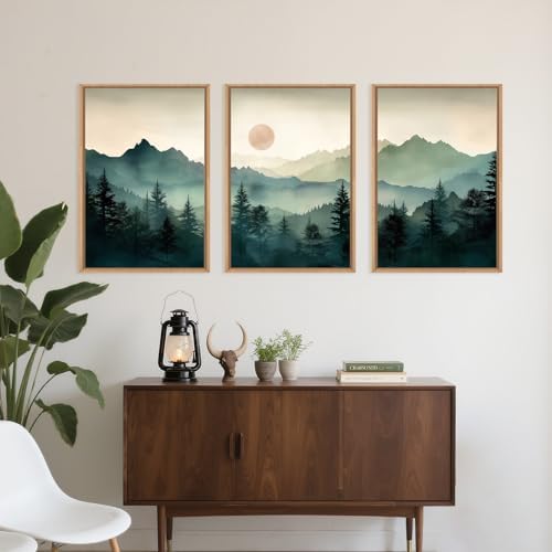 LHIUEM Large Boho Mountain Framed Wall Art Set,Green Foggy Forest Wall Painting,Abstract Nature Sunrise Artwork,Watercolor Pine Tree Wall Decor for Living Room,Bedroom,Office-16''x24''x3 - Image 4