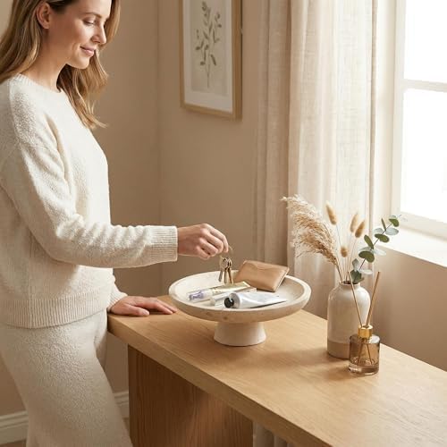 Natural Travertine Decorative Bowl - 10" Small Oval Pedestal Catchall Tray - Handcrafted Beige Footed Stone Centerpiece for Entryway, Coffee Table, or Kitchen (Japandi Style) - Image 6