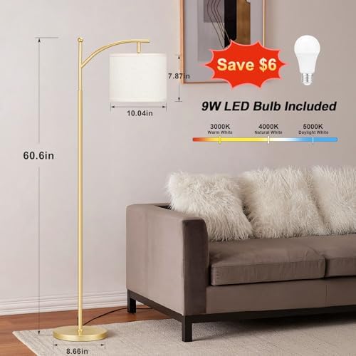 Ambimall 60" Floor Lamp with 3 Color Temperatures, Adjustable Beige Shade, Gold Pole - Tall Lamp for Living Room, Bedroom, Office, Classroom, Dorm - 9W Bulb Included - Image 2