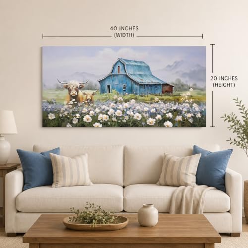 Anolyfi Farmhouse Highland Cow Canvas Wall Art for Living Room 40"x20" - Image 3