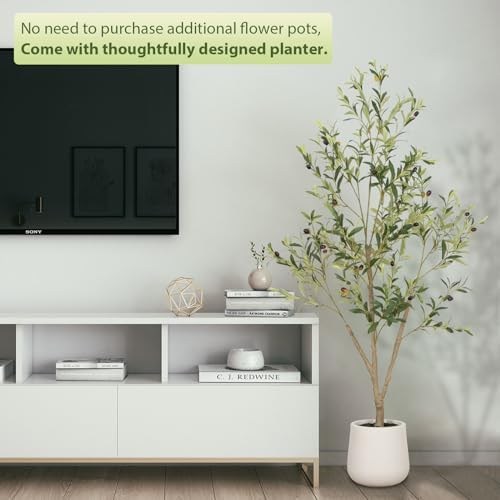 VIVATREES Olive Trees Artificial Indoor, 5FT Tall Faux Olive Tree with White Tall Planter, Artificial Plants with Natural Wood Trunk and Lifelike Fruits for Home Office Decor - Image 3