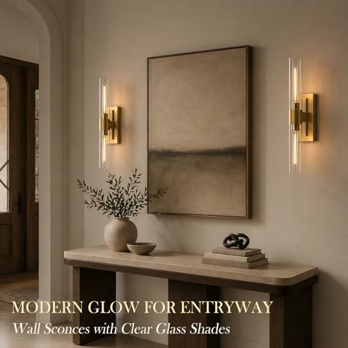 22.8" Brass Wall Sconces Set of 2, Modern Luxury 2-Light Bathroom Vanity Lights with Glass Tube Shade, Dimmable Hardwired Gold Wall Sconce for Bathroom Mirror, Living Room, Hallway (Bulbs Included) - Image 4