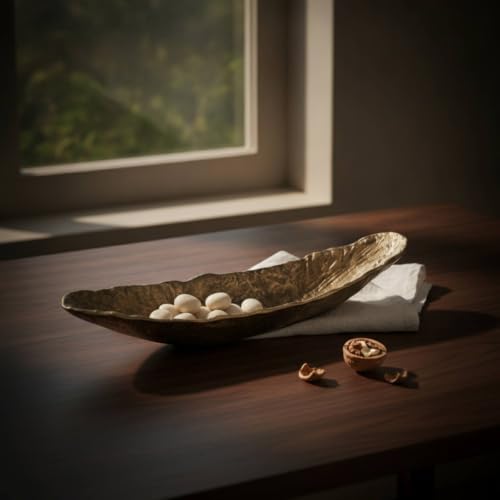 Decorative Serving Tray Cast Aluminum Artistic Centerpiece Multipurpose Bowl Long Boat Shape Textured Surface Suitable for Room, Bronze Gold, Small 520x140x100mm - Image 6