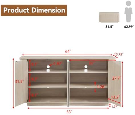 64" Fluted Buffet Cabinet with Storage, Sideboard Cabinet Rock Grey - Image 2