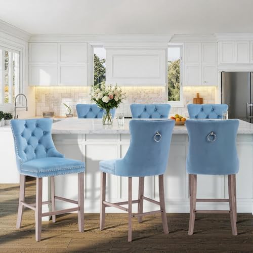 SoarFlash Modern Velvet Upholstered Bar Stools Set of 6 with Wood Legs, Button Tufted,Chrome Nailhead, Counterstool Seat, Armless Bar Chairs (Sky-Blue) - Image 5