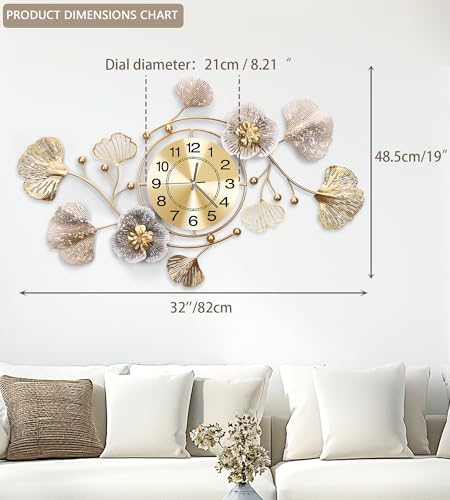 33" Modern Farmhouse Large Decorative Wall Clock, Ginkgo Metal Art - Image 2