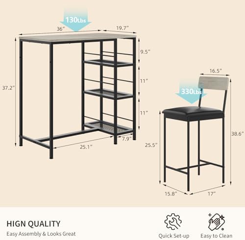 GarveeHome Bar Height Dining Table Set for 2, Space-Saving Pub Table - Image 4