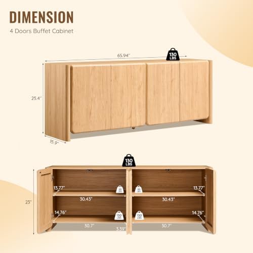 66" Modern Buffet Cabinet w/Storage, Large Sideboard, Natural - Image 2