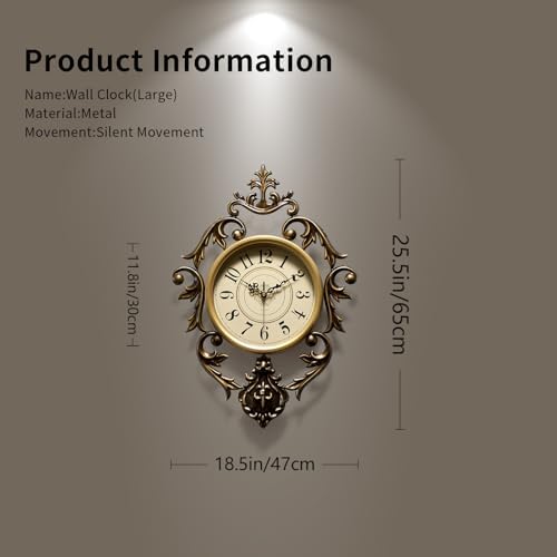 Vintage Wall Clock, Antique Decor,Decorative Wall Clocks Battery Operated,Non Ticking European Style Metal Wall Clock, Retro,Bedroom/Living Room/Kitchen 26"x19" - Image 7