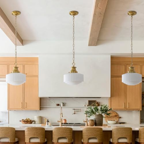 Milk Glass Pendant Light, 10.63" White Pleated Glass Chandelier, Vintage Brass Antique Pendant Lights, for Kitchen Island Lighting, Hallway, Bedroom, Dining Room, Foyer, E26 Bulb Included - Image 4