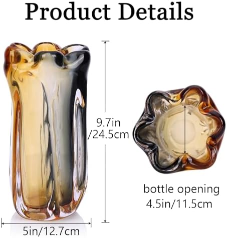 Large Hand Blown Glass Flower vases, Unique Amber Glass vases, Murano Style Wide Mouth vases, Modern Art Decor for Home Living Room, Office, Table centerpieces, Bookshelves and Wedding Decorations - Image 3