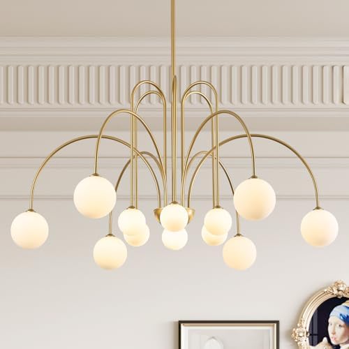 CATINER Modern 52" 12-Light Gold Sputnik Chandelier with Milk Glass Globe by CATINER