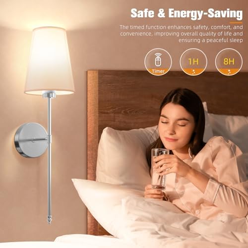 NIORSUN 25.4 inch Brushed Nickel Battery Operated Wall Sconce Set of 2,Rechargeable Wall Lights with Dimmable Detachable Bulbs and Remote,9 Colors Wireless Sconces for Bedroom Living Room Hallway - Image 6
