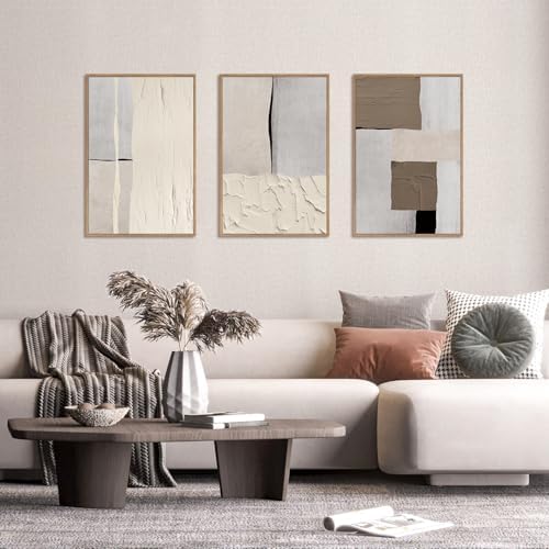LHIUEM Large Abstract Neutral Framed Canvas Wall Art Set,Mid Century Beige Textured Wall Decor,Brown Gray Block Art Painting for Living Room,Bedroom,Dining Room,Office -24"x36"x3 - Image 2