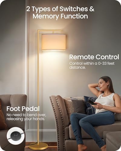 Gold Dimmable Floor Lamp, Modern Arc Lamp with Remote, Standing Corner Light with Lampshade, Tall Reading Lighting for Bedroom, Living Room, Office, Den, White, LED Bulb Included, DW11LD05 - Image 3