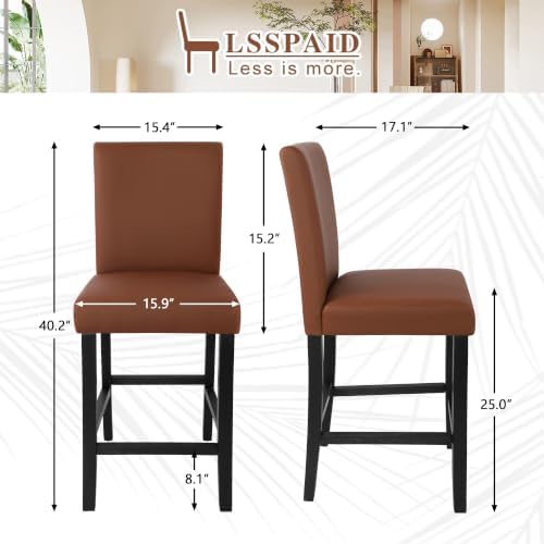 LSSPAID Counter Height Bar Stools Set of 4, 25 Inch Faux Leather Barstools, Modern Bar Chairs with Solid Wood Frame for Kitchen Island, Camel Brown - Image 2