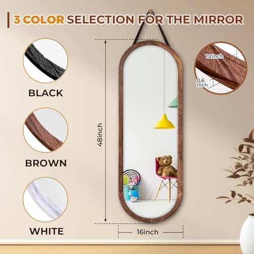 48x16in Oval Full Length Mirror Solid Wood Frame, Brown - Image 4
