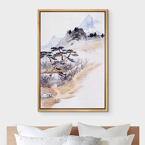 NWT Framed Canvas Print Wall Art Japanese Watercolor Mountain Nature Wilderness Illustrations Modern Art Decorative Landscape Rustic Zen Colorful for Living Room, Bedroom, Office - 24"x36" Natural - Image 3