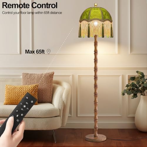 ILLMTW Vintage Floor Lamp for Living Room,Bedroom,Dimmable Standing Lamp with Remote,Green Mid Century Gold Tall Lamp Boho Retro Floor Light Wood Fringe Tassel Flower Unique Tiffany Victorian Decor - Image 3
