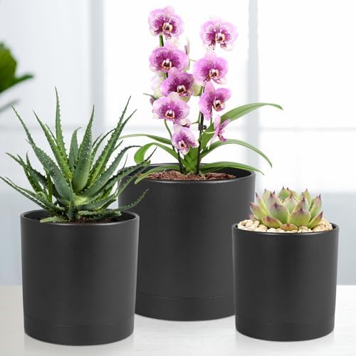 Meowell 7/6.5/6/5/4 inch Plant Pots for Small Indoor Outdoor Plants, 5 Pack Cylinder Flower Pots with Drainage Holes and Saucers, Plastic Planters for Garden Succulent House Plants, Black - Image 5