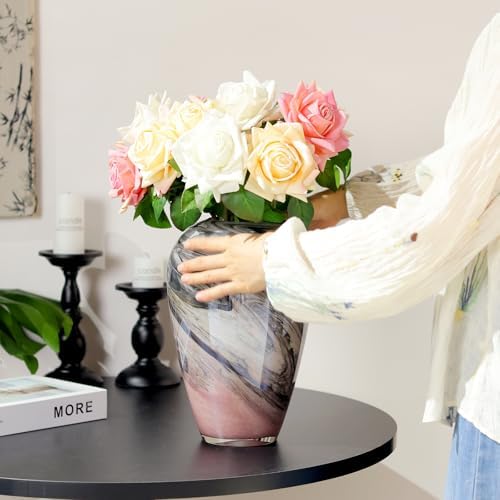 11" H Teal Glass Vases for Flowers, Unique Hand Blown Glass Vase Blue Home Decor, Wide Mouth Colorful Flower Vase Centerpieces, for Living Room Table Bookshelf, Bathroom Office Shelf Decorative - Image 3
