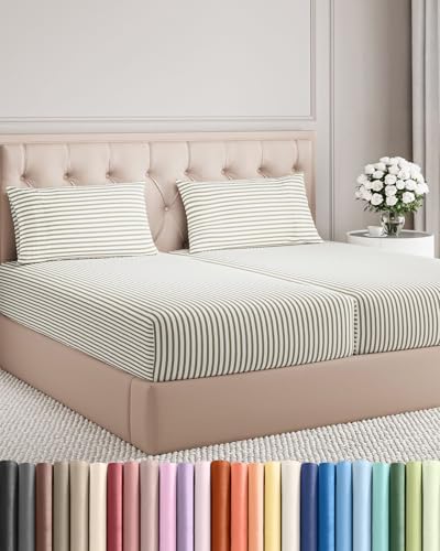 Split King Size 5 Piece Sheet Set - Breathable & Cooling - Beige Stripes by CGKUnlimited