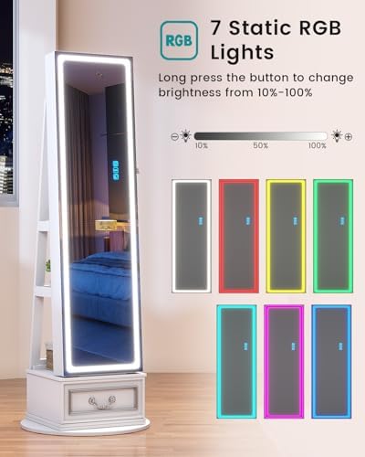 Vlsrka LED Mirror Jewelry Cabinet with Lights, 360° Swivel, White - Image 4