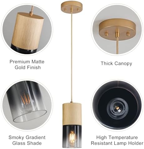 2-Pack Gold Pendant Light Fixtures, Adjustable Modern Black Pendant Lights for Kitchen Island, Industrial Glass Pendant Lights for Dining Table Hallway Bedroom Living Room - Image 3