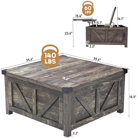 jimeimen Farmhouse Lift Top Coffee Table with Storage, Wood Square Center Table with Charging Station&USB Port, Living Room Table w/Large Hidden Space, for Living Room, Bedroom, Home Office, Dark Grey - Image 2