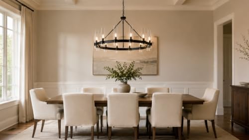 38 Inch Black Wagon Wheel Chandelier with Glass Shade, 12 Lights, Modern Farmhouse Style, Ideal for Dining Room, Kitchen, Entryways - Image 5