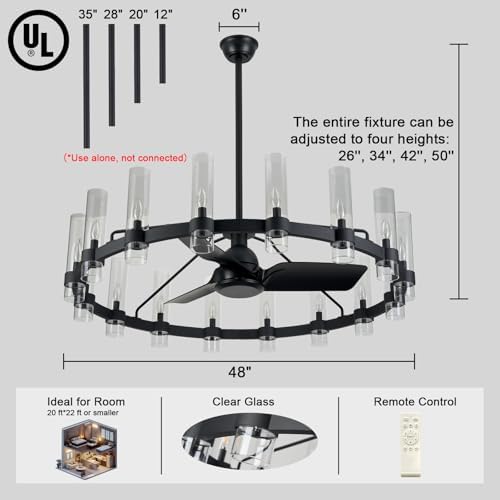 Black Ceiling Fans with 16 Lights Wagon Wheel Chandelier, 48 Inch Modern Farmhouse Fandelier, Quiet 6-Speed Reversible DC Motor, 1/2/4H Remote Timing for Living Room/Bedroom/Kitchen - Image 5