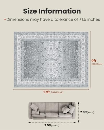 Amada Large 9x12 Washable Area Rug for Living Room, Silver/Gray, Vintage - Image 2