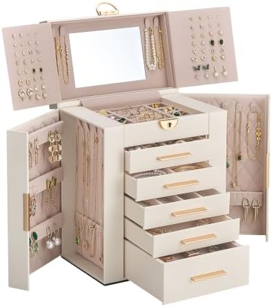 Lolalet Large Jewelry Box, 6-Layer Jewelry Organizer with 5 Drawers -Beige by Lolalet