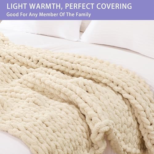 Bigacogo Chunky Knit Throw Blanket for Couch, 60x80 inches, Beige - Image 3