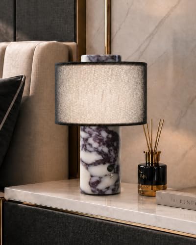 Marble Table Lamp with Battery: Black Linen Shade, Touch Control by Lumenfox