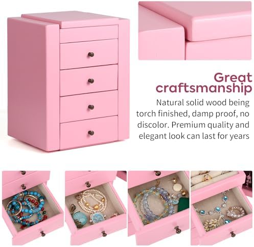 Meangood Jewelry Box Wood for Women, 5-Layer Large Organizer Box with Mirror & 4 Drawers for Rings, Earrings, Necklaces, Pink - Image 6