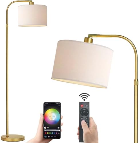 Gold Floor Lamp with Remote Control, 1200 Lumens Adjustable Height Dimmable Arc Floor Lamp for Living Room, Modern Standing Lamp for Bedroom, Office, LED Smart Bulb Included by FINNCHY