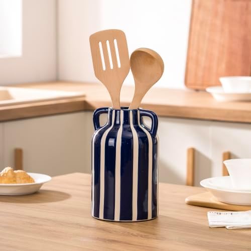 SURE YUESI Blue Ceramic Vase with Handles, Modern Farmhouse Striped Decorative Vase, 9.1" Art Deco Tall Flower Vases for Pampas Grass, Shelf Decor, Dining Table Centerpiece, Living Room Home Decor - Image 6